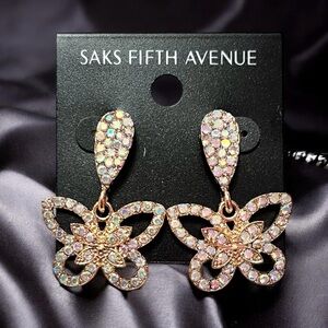 Saks Fifth Avenue Gold Butterfly Drop Earrings with Aurora Crystals